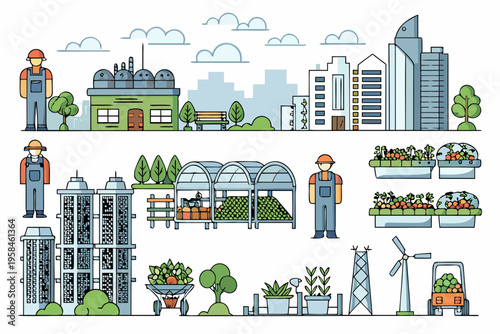 Sustainable city infrastructure showcasing factories farms and renewable energy sources