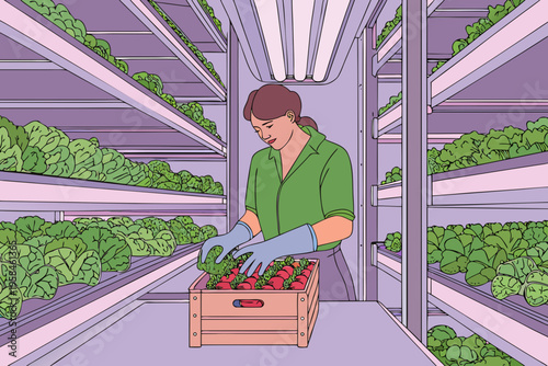 Woman tending to rows of leafy greens and strawberries in a vertical farm