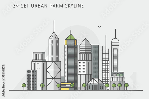 Stylized skyline illustration showcasing urban farming and modern architecture