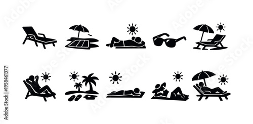 Collection of simple black and white icons depicting beach relaxation and sunbathing