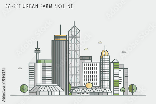 Stylized skyline illustration featuring modern buildings and green urban elements