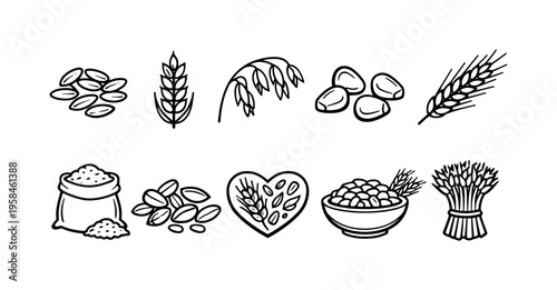 Collection of hand-drawn icons representing various grains and cereals in a simple line art style