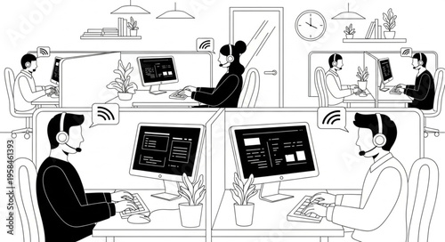 Call Center Agents Working at Desks with Computers.