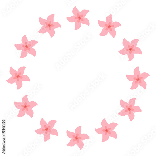 Pink tropical flowers arranged in a circular composition, creating a delicate floral wreath. Soft pastel colors and simple shapes make this illustration perfect for wedding invitations, greeting cards