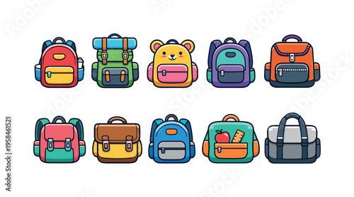 Collection of colorful cartoon backpacks and bags for school and travel