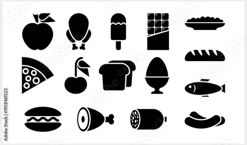 Doodle food set icon isolated Hand drawn fish bread apple meat clipart Cartoon stencil Vector stock illustration