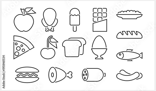 Doodle food set icon isolated Outline fish bread apple meat clipart Cartoon hand drawn Vector stock illustration