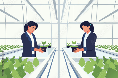 A businesswoman carefully tending to small plants in a modern greenhouse