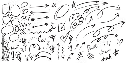 手書きのイラストセット 矢印 感情 丸 採点 ハンドサイン