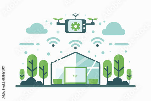 A green drone monitors a greenhouse transmitting data wirelessly to a smartphone