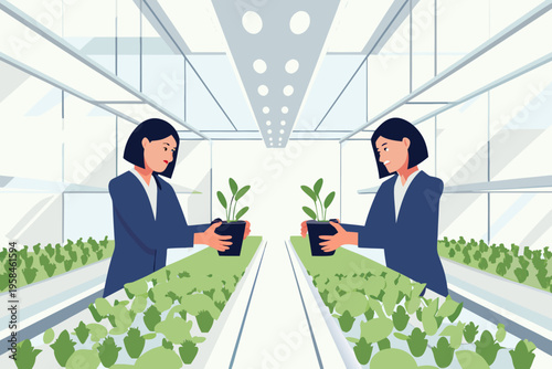 Woman tending to plants in a modern indoor vertical farm setting