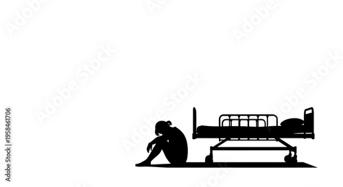 Sad person sitting beside hospital bed in darkness feeling hopelessness and despair