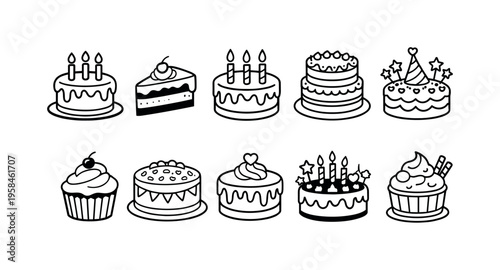 Collection of hand-drawn cakes and cupcakes for celebrations and birthdays