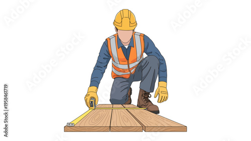 Builder Measuring Timber: A construction worker kneels, meticulously measuring wooden planks with a tape measure, highlighting precision and craftsmanship in their work.