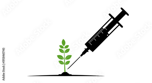 Syringe injecting into a small green plant growing from the ground with soil