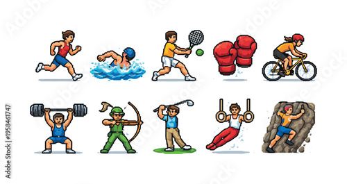 Collection of pixel art athletes engaged in various sports and activities