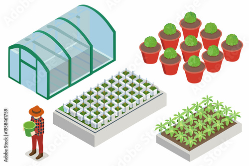 Isometric illustration of a greenhouse seedlings and a gardener tending plants