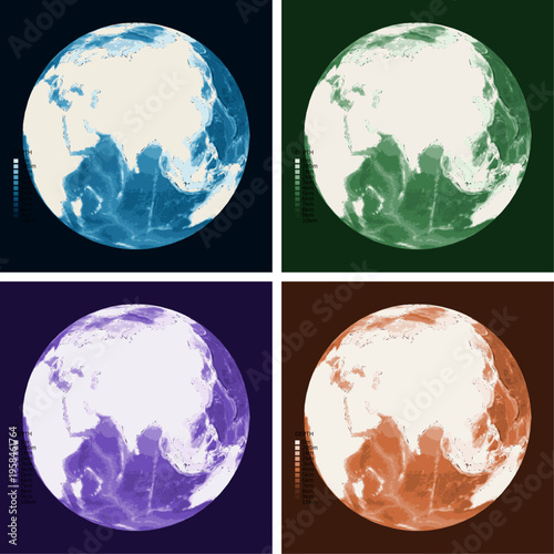 Globe Over South Asia Bathymetric Ocean Depth Globe - Orthographic Projection - Scalable Multi-Color Seafloor Relief Topography with Depth Legend Showing Continental Shelves Mid-Ocean Ridges and