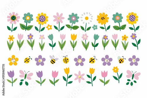Colorful assortment of cartoon flowers insects and botanical elements