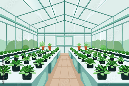 A brightly lit greenhouse interior filled with rows of potted plants