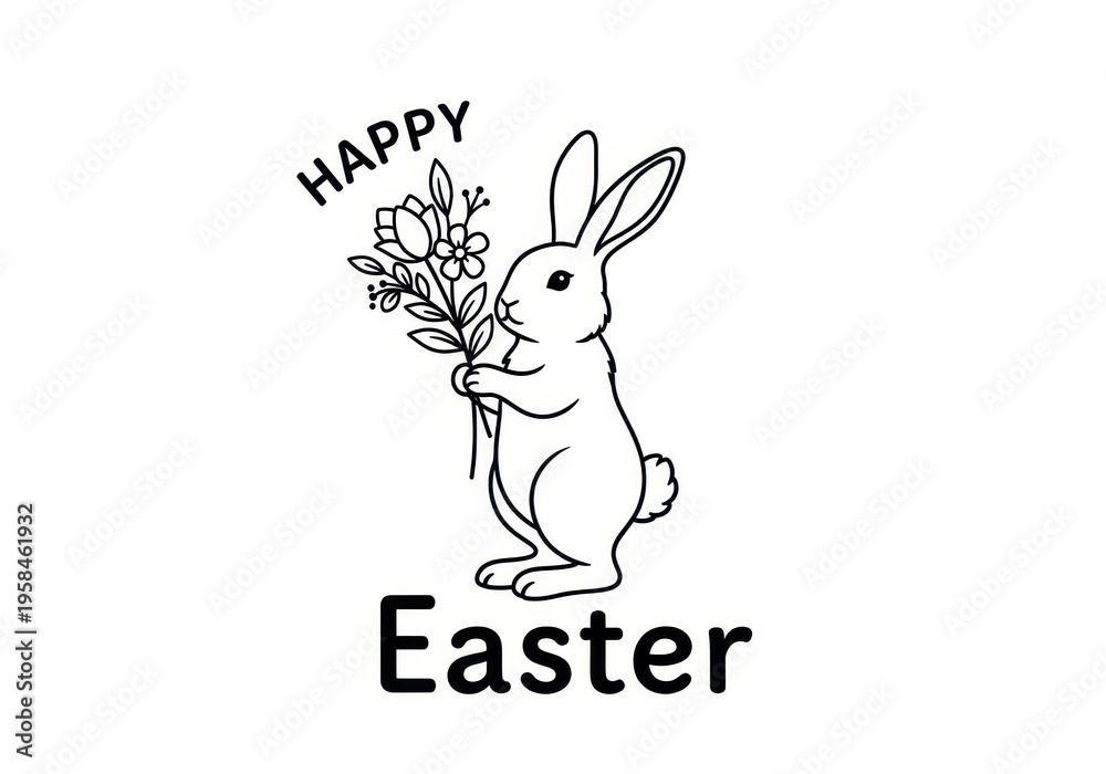 Fototapeta premium A cute black and white line art illustration of an easter bunny holding a small flower bouquet