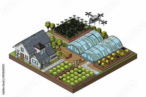 Isometric illustration of a futuristic farm with drone and greenhouse