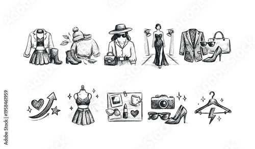 Fashion and style icons collection, hand-drawn sketches of clothing and accessories
