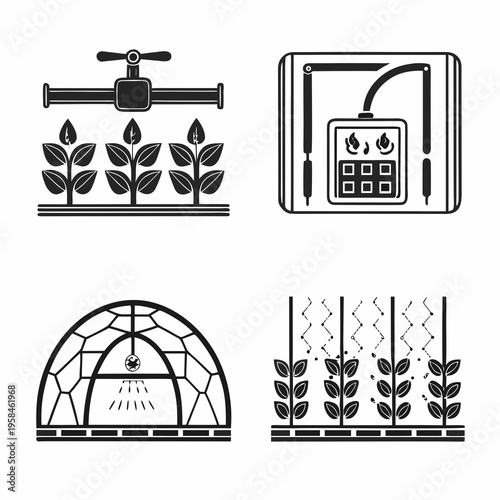 Agricultural icons depicting irrigation growth greenhouse and plant support