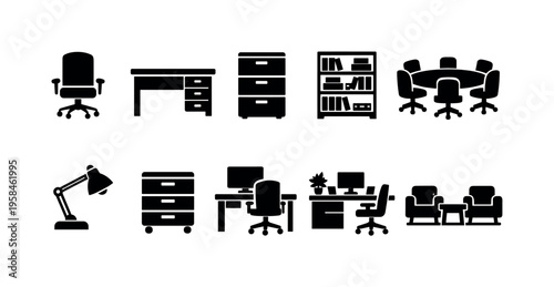 Collection of office furniture and equipment icons in a clean, modern style