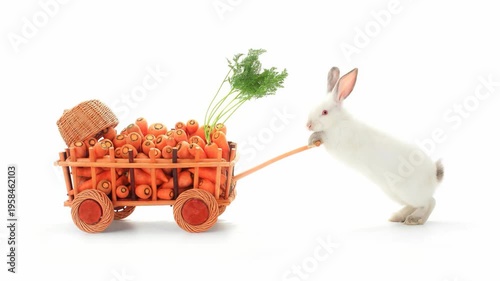 White rabbit pulling wooden cart full of fresh carrots. Animated cinemagraph, parallax animation, based on an original photograph.