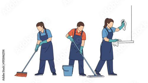 Cleaners in Action: A set of three individuals diligently performing cleaning tasks, showcasing their commitment to cleanliness and hygiene. 