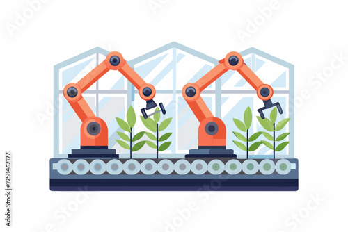 Robotic arms tending to plants within a modern greenhouse environment