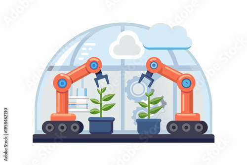 Robotic arms tending to plants inside a futuristic greenhouse structure