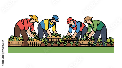 Harvest Team: Illustrative representation of laborers diligently working in a field, meticulously harvesting crops and loading them into baskets.