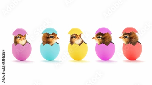 Five cute brown chicks peeking from colorful easter eggs. Animated cinemagraph, parallax animation, based on an original photograph.