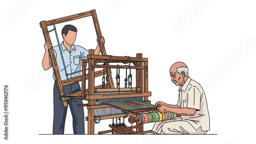 Crafting Heritage: A detailed illustration captures skilled individuals at work, meticulously weaving on a traditional loom, highlighting the artistry and craft of textile creation.