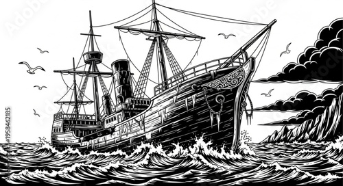 Majestic Galleon Sailing Through Rough Seas - A Vintage Illustration.