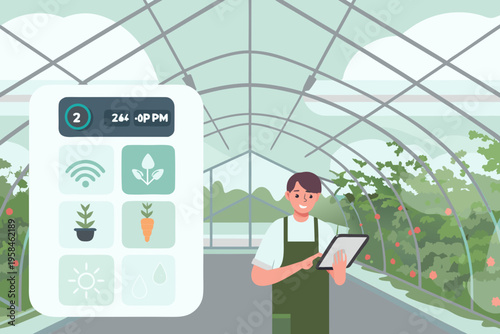 Smart greenhouse control system with farmer monitoring plant growth on tablet