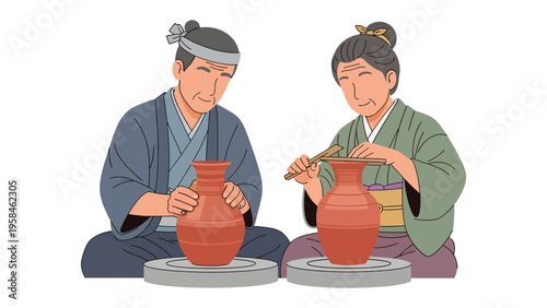 Artisans at Work: Two skilled individuals, engrossed in the ancient craft of pottery, shape wet clay with precision and artistry. A display of tradition and timeless skill.