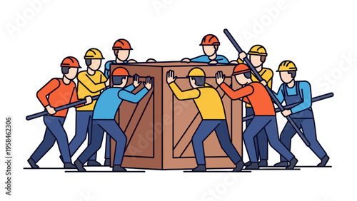 Teamwork in action: A group of workers cooperatively push a large wooden crate. Illustrating coordination, effort, and unified goals. 