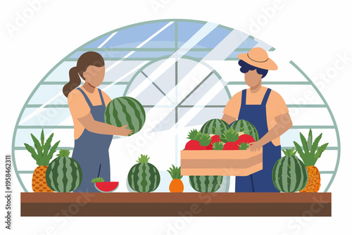 Farmers displaying fresh produce and watermelons at a market stall