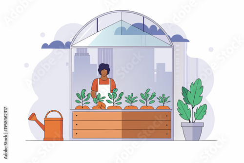 Woman tending to seedlings in a greenhouse with a cityscape backdrop