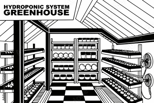 Black and white illustration of a hydroponic greenhouse growing system setup