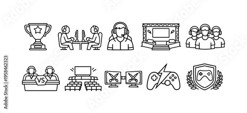 Collection of esports icons representing competition, teamwork, and victory