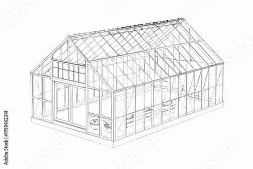 Architectural rendering of a modern glass greenhouse structure detailed line work