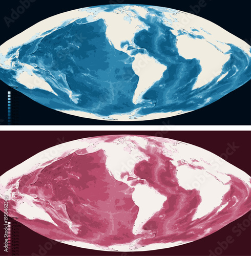 Interrupted Americas Centered Bathymetric Ocean Depth Map - Goode Homolosine Projection - Scalable Multi-Color Seafloor Relief Topography with Depth Legend Showing Continental Shelves Mid-Ocean