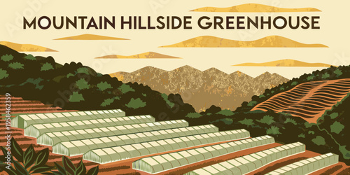 A stylized illustration depicts greenhouses nestled on a mountainside