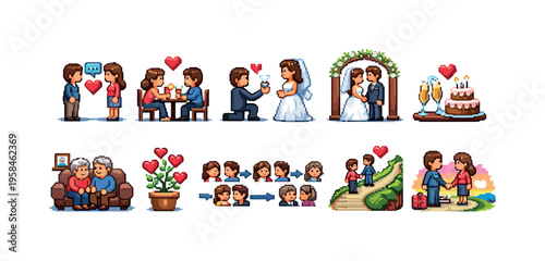 Pixel art icons depicting stages of a relationship journey from dating to marriage