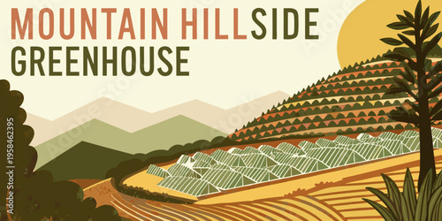 A stylized illustration of a greenhouse built into a mountainside