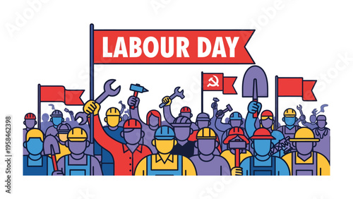 Labor Day Celebration: A vibrant illustration capturing the spirit of Labor Day, with a diverse group of workers holding symbols of their trades aloft. A festive expression of hard work, solidarity.